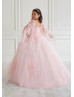 Cape Sleeves Pink 3D Flowers Lace Tulle Sparkly Flower Girl Dress